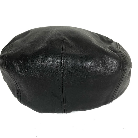 Unisex Vintage French "Lafayette Homme" Black 100% Leather Cap Front Snap ~SZ 56 - Picture 4 of 10